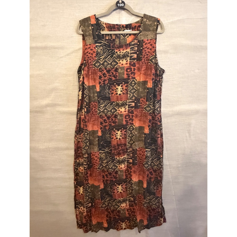 L 100 Vintage Animal Print Patchwork Maxi Dress Boho Safari Tribal Sleeveless - Picture 2 of 5